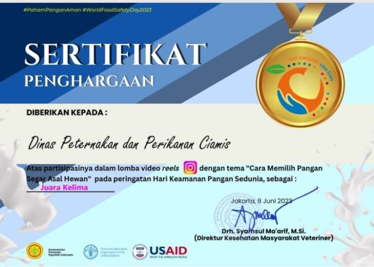 Disnakkan Kab. Ciamis Raih Juara 5 Tk. Nasional Lomba Video Reels Dari Kemenpan RI, FAO dan USAID